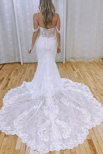 Mermaid Off-the-Shoulder Lace Appliques Wedding Dresses With Train, MW760 | cheap lace wedding dresses | mermaid wedding dresses online | bridal gown | musebridals.com