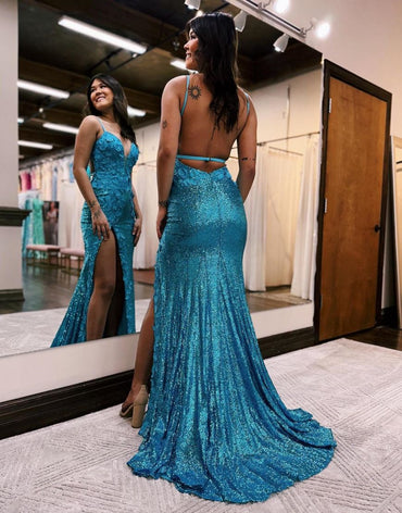 Roycebridal Miracle |Mermaid V Neck Sequins Prom Dress with Slit