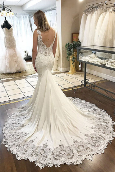 Mermaid Satin Lace V-neck Appliqued Wedding Dresses With Chapel Train, MW603 | satin wedding dresses | lace mermaid wedding dresses | bridal gowns | www.musebridals.com