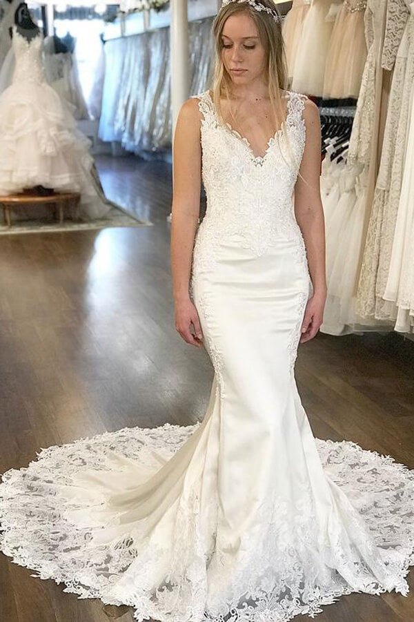 Mermaid Satin Lace V-neck Appliqued Wedding Dresses With Chapel Train, MW603 | mermaid wedding dress | lace wedding dresses | wedding gowns | www.musebridals.com