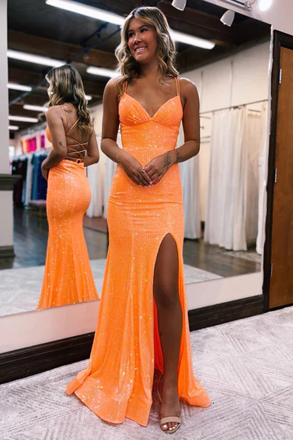 Roycebridal Sparkly Orange Sequins Mermaid Long Prom Dress