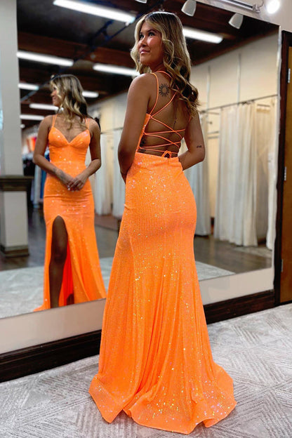 Roycebridal Sparkly Orange Sequins Mermaid Long Prom Dress