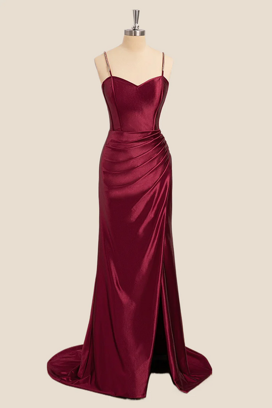 Mermaid Straps Wine Red Long Formal Dress for Wedding Guests