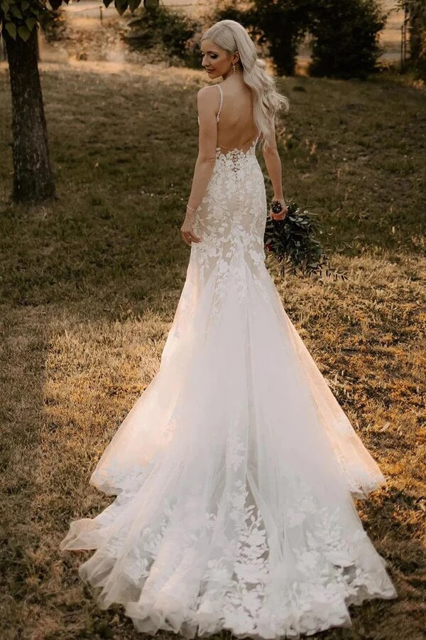 Mermaid Tulle V-neck Wedding Dresses With Appliques, Bridal Gown, MW977 | summer wedding dress | tulle wedding dress | outdoor wedding dress | musebridals.com