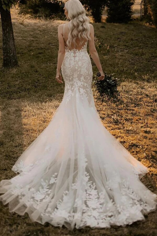 Mermaid Tulle V-neck Wedding Dresses With Appliques, Bridal Gown, MW977 | bohemian wedding dress | backless wedding dress | wedding dresses near me | musebridals.com