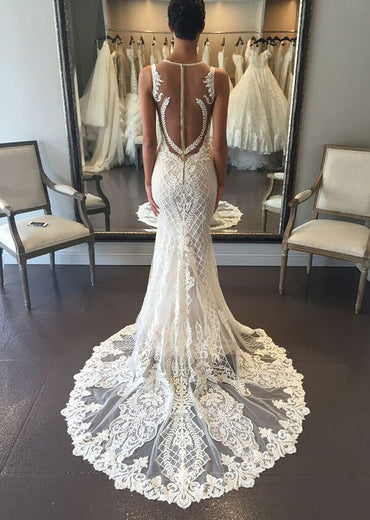 Mermaid V-neck Lace Wedding Dresses With Court Train, Wedding Gown, MW797 | vintage wedding dresses | wedding dresses stores | lace wedding dresses | musebridals.com