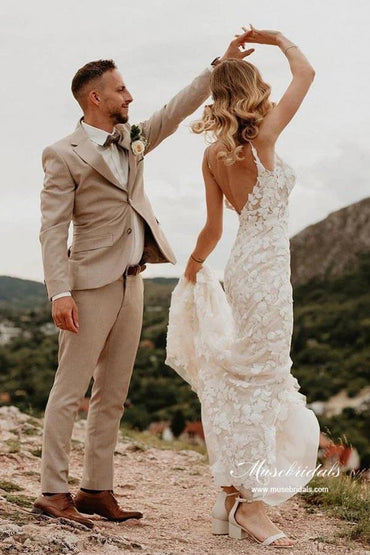 Mermaid V-neck Open Back Lace Appliques Beach Wedding Dresses, MW871 | cheap lace wedding dresses | vintage wedding dresses | outdoor wedding dress | musebridals.com