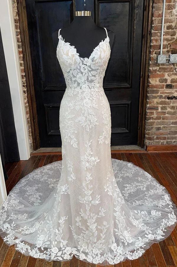 Mermaid V-neck Spaghetti Straps Wedding Dresses With Lace Appliques, MW926 | vintage wedding dress | mermaid wedding dress | cheap lace wedding dresses | musebridals.com