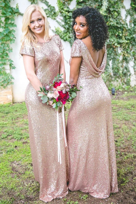 Metallic Rose Gold Bridesmaid Dress Sequin Wedding Guest Dresses with Sleeves