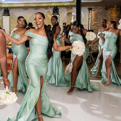 Mint Green One Shoulder Bridesmaid Dresses Maxi Long Wedding Party Dress Side Slit