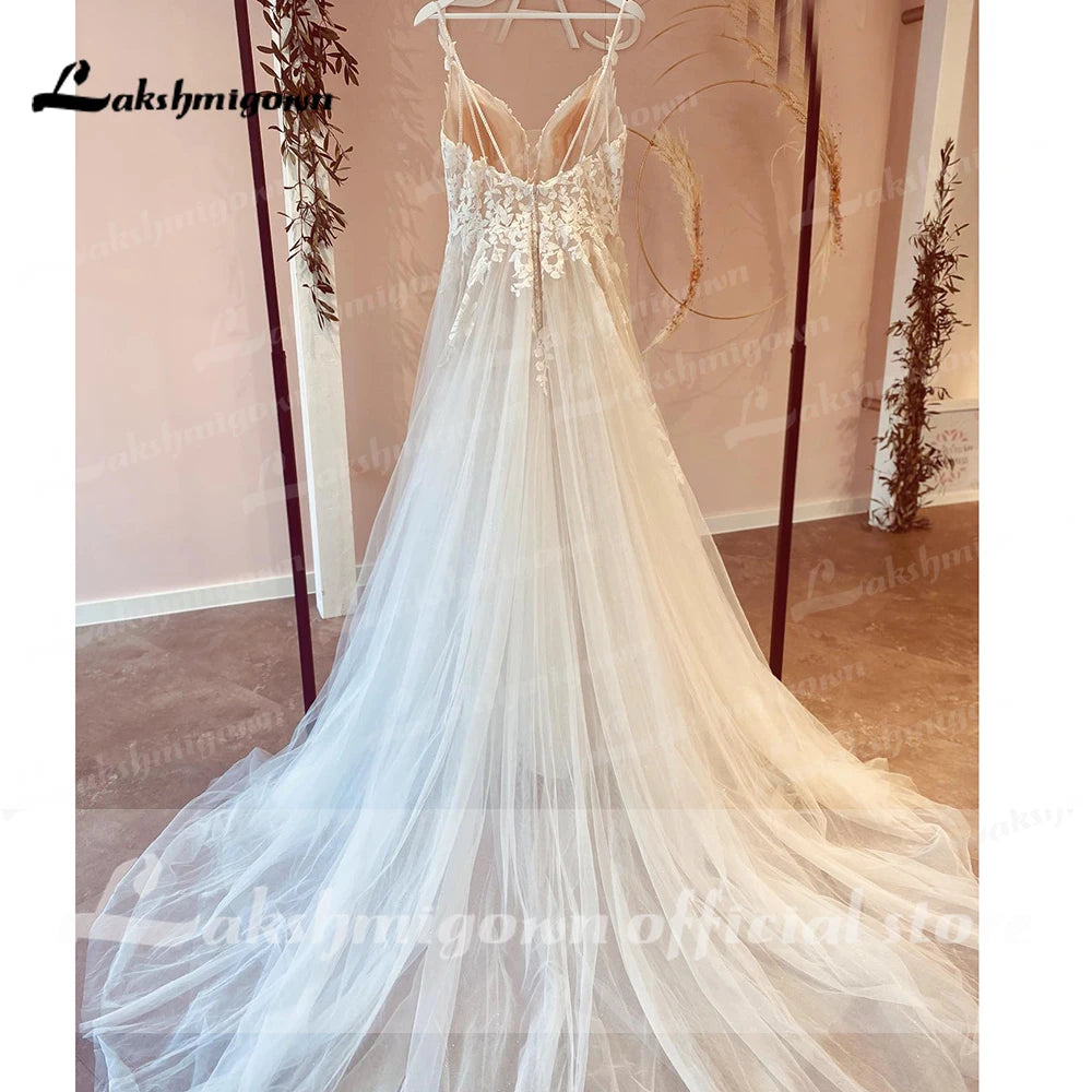 Roycebridal Modest Beach Soft Tulle Wedding Dresses 2025 Lace Appliques A-Line V Neck Sweep Train Bridal Gown robe de soirée de mariage