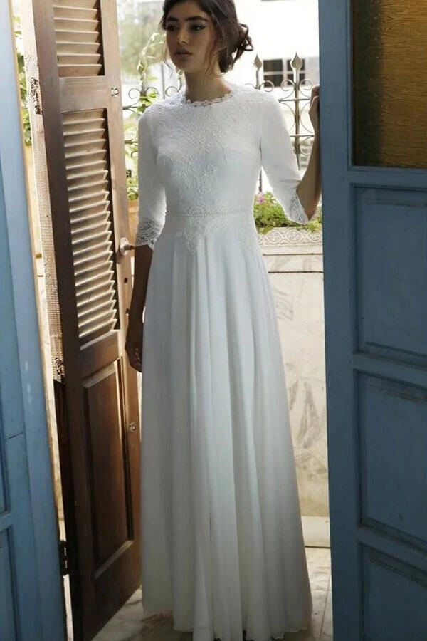 Modest 3/4 Sleeves Floor Length Chiffon Wedding Dresses with Lace Top, MW724 | a line lace wedding dresses | beach wedding dress | chiffon wedding dresses | www.musebridals.com