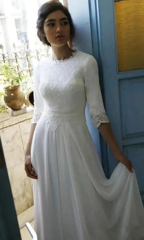 Modest 3/4 Sleeves Floor Length Chiffon Wedding Dresses with Lace Top, MW724 | half sleeves wedding dresses | floor length wedding dresses | wedding gown | www.musebridals.com