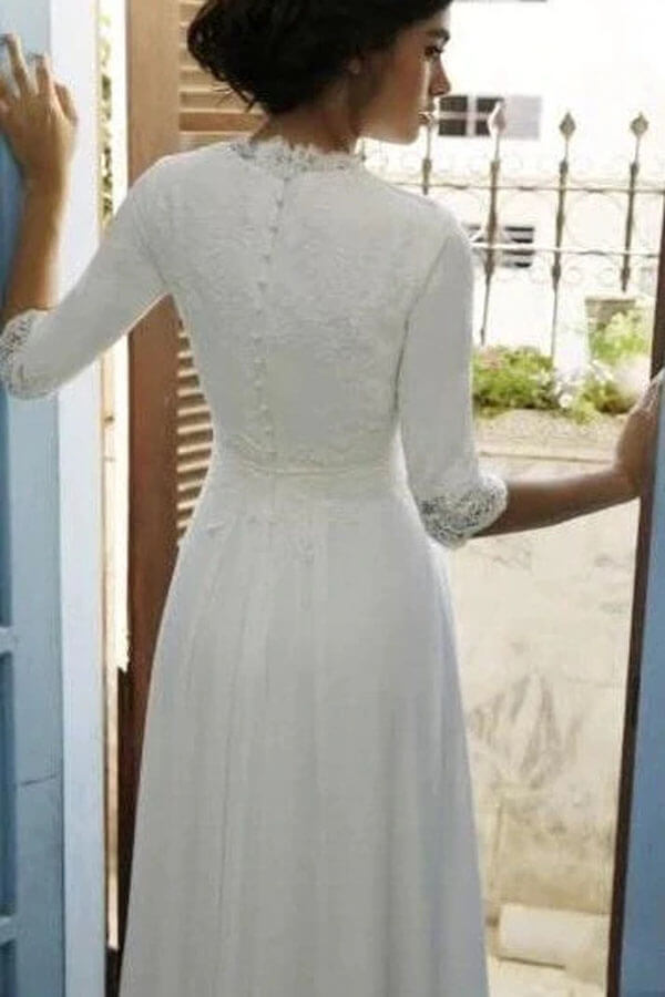 Modest 3/4 Sleeves Floor Length Chiffon Wedding Dresses with Lace Top, MW724 | simple wedding dresses | bridal gown | vintage wedding dresses | www.musebridals.com