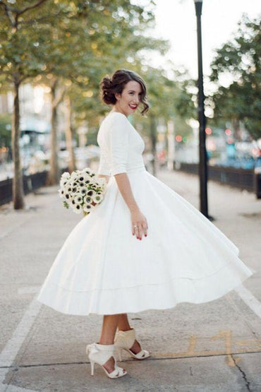 Modest A-line V-neck Half Sleeves Tea Length Taffeta Wedding Dresses, MW531 | a line wedding dress | v neck wedding dress | cheap wedding dress | short wedding dress | www.musebridals.com