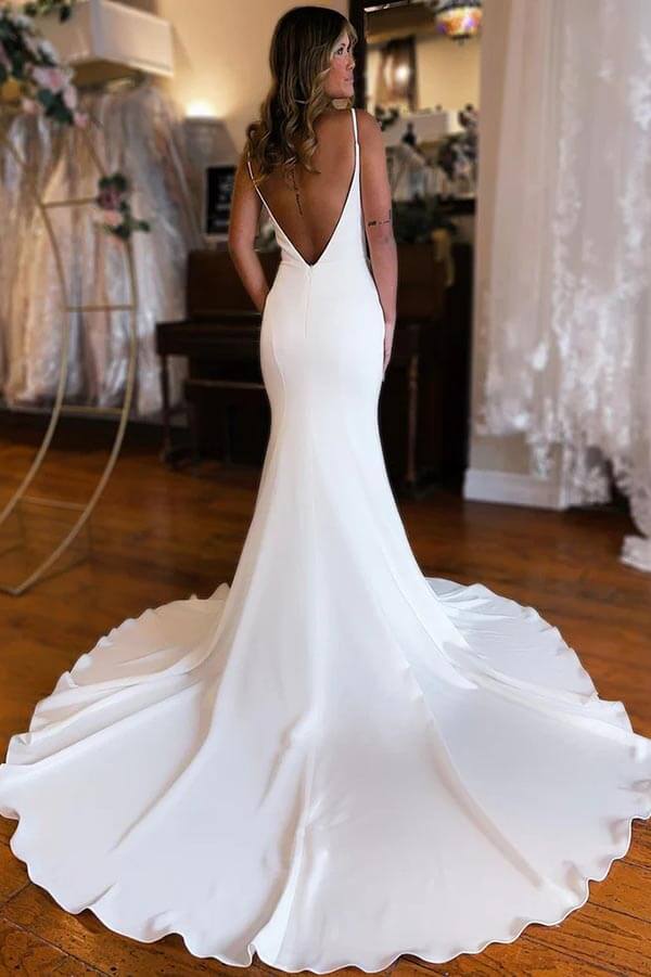 Modest Satin Mermaid Deep V-neck Wedding Dresses With Court Train, MW877 | cheap wedding dresses | mermaid wedding dress | wedding gown | musebridals.com