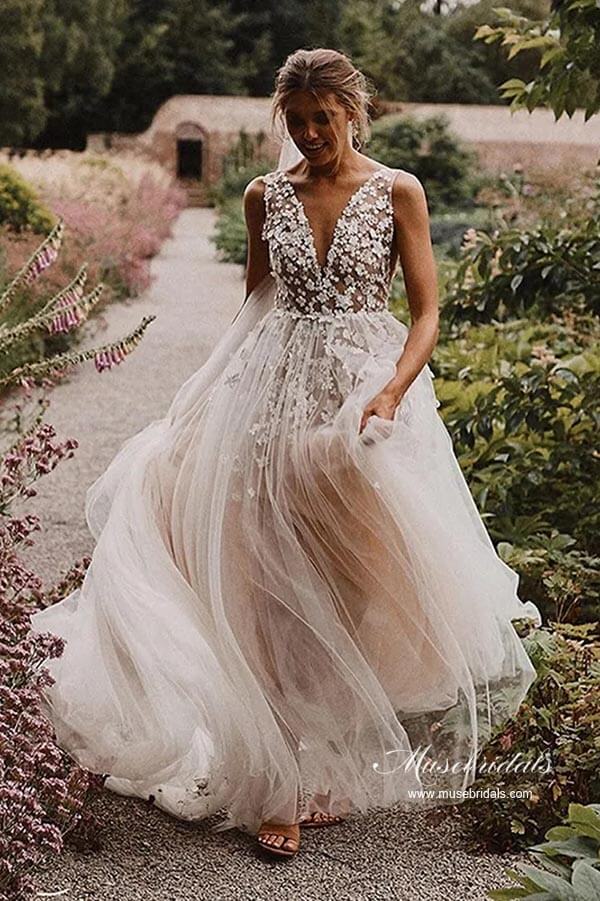 Modest Tulle A-line V-neck Beach Wedding Dresses With Lace Appliques, MW943 | cheap lace wedding dress | bridal style | a line wedding dress | musebridals.com