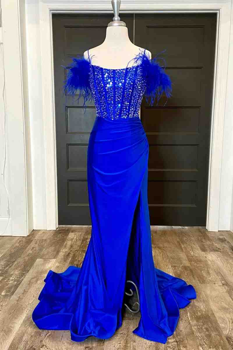 Roycebridal New Mermaid Satin Off The Shoulder Beaded Side Slit Long Prom Dresses With Feather