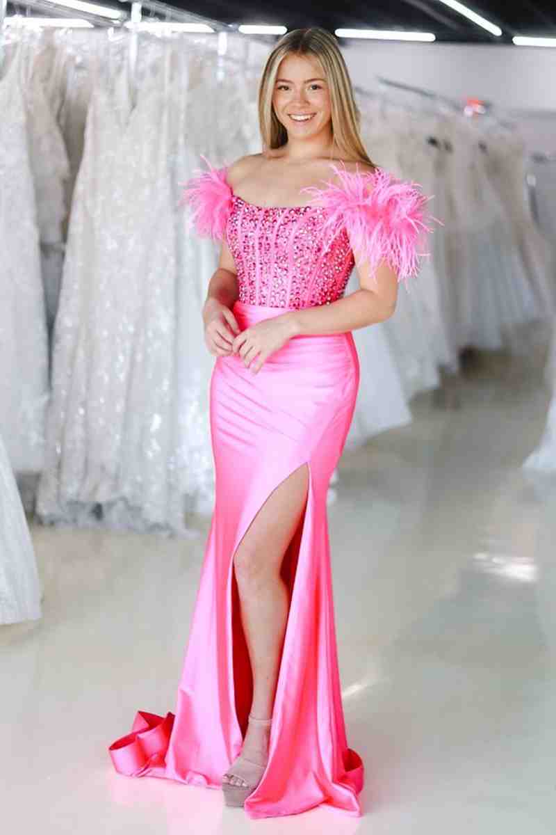 Roycebridal New Mermaid Satin Off The Shoulder Beaded Side Slit Long Prom Dresses With Feather