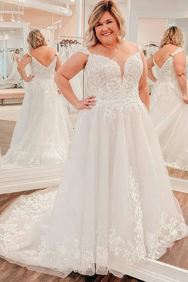 New Arrival Modest A-line Plus Size Wedding Dress, V-neck Bridal Gown, MW812 | plus size wedding dresses | lace wedding dresses | bridal styles | musebridals.com