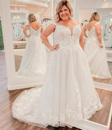 New Arrival Modest A-line Plus Size Wedding Dress, V-neck Bridal Gown, MW812 | cheap lace wedding dress | tulle wedding dress | wedding dresses plus size | musebridals.com