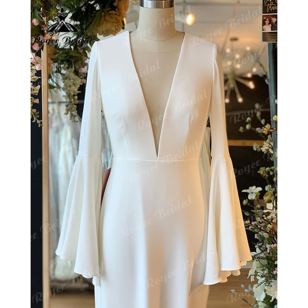 Noiva Vestido Plunging Soft Satin Long Sleeve Deep V Neck Backless Wedding Gown for Women Wedding Reception Dress for Bride 2025