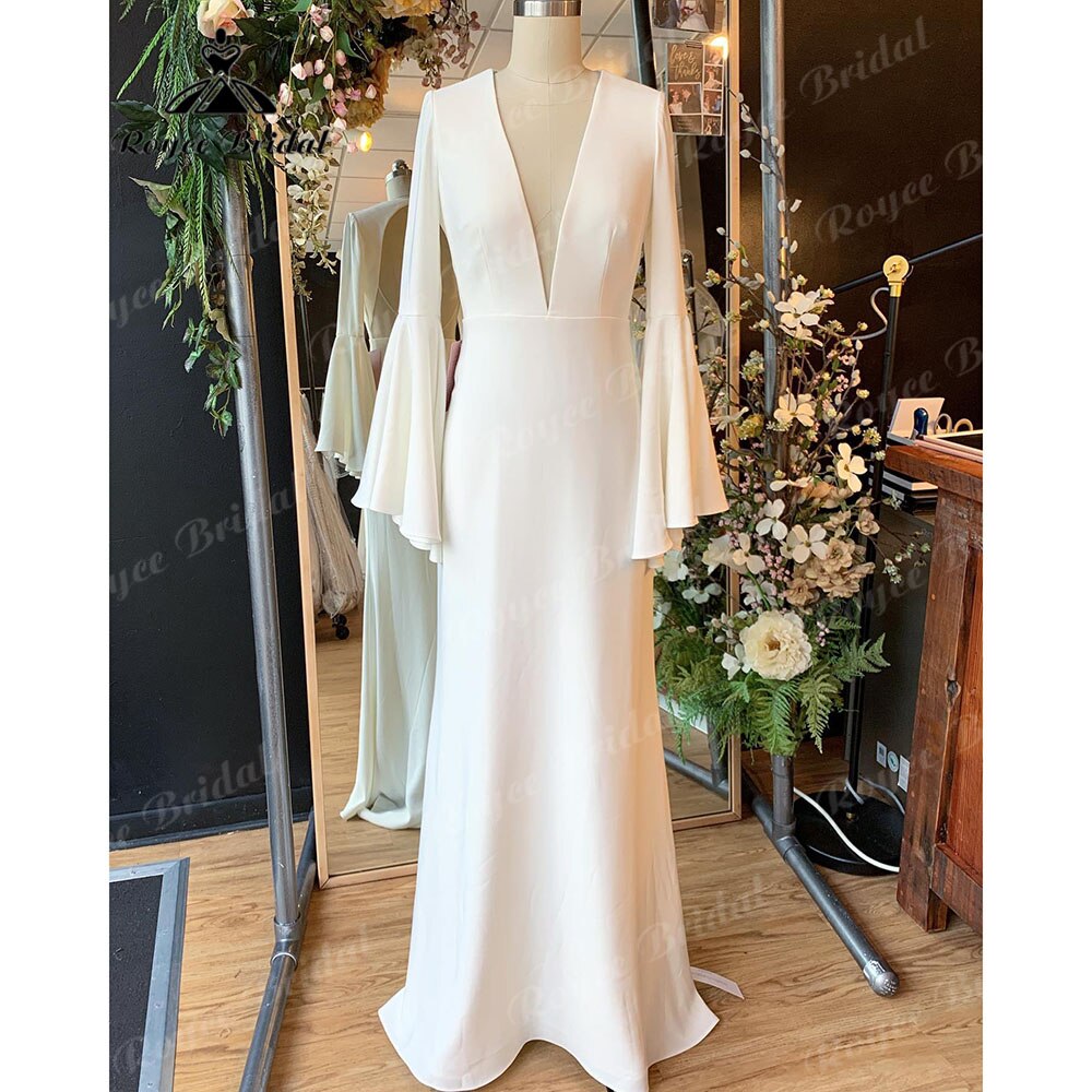 Noiva Vestido Plunging Soft Satin Long Sleeve Deep V Neck Backless Wedding Gown for Women Wedding Reception Dress for Bride 2025