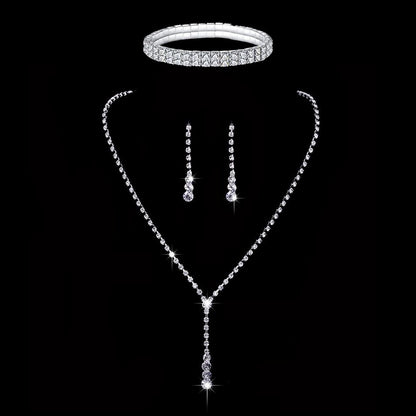 Roycebridal Simple Tassel Rhinestone Necklace Bridal Rhinestone Necklace Earrings Set Three-piece Wedding Jewelry