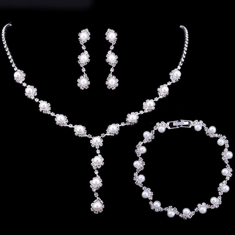 Roycebridal Popular Shiny Rhinestone Pearl Bridal Accessories Necklace Bracelet Earrings Set