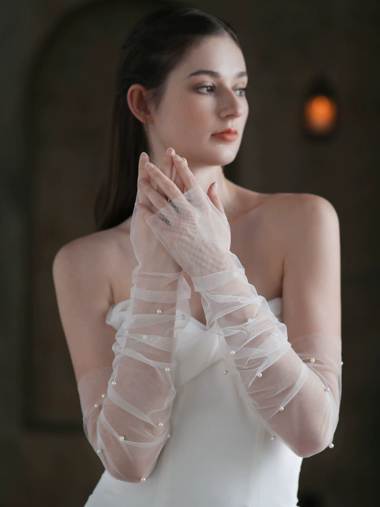 Roycebridal Long Fingerless Wedding Gloves Pearl Mesh