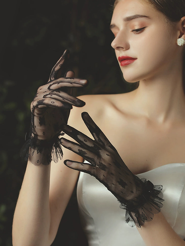 Roycebridal Lace Thin Bridal Gloves Retro Short Black