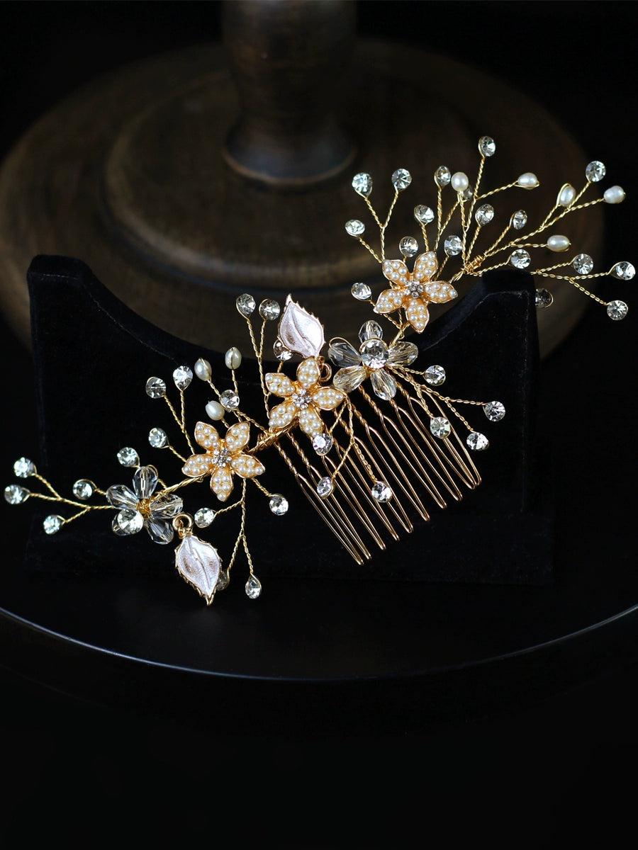 Roycebridal Diamond And Pearl Bridal Hair Accessories Golden Flower Combs Wedding Dress Styling And Makeup Headdress