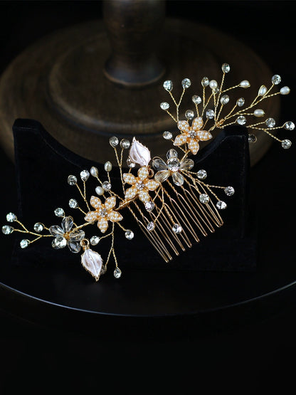 Roycebridal Diamond And Pearl Bridal Hair Accessories Golden Flower Combs Wedding Dress Styling And Makeup Headdress