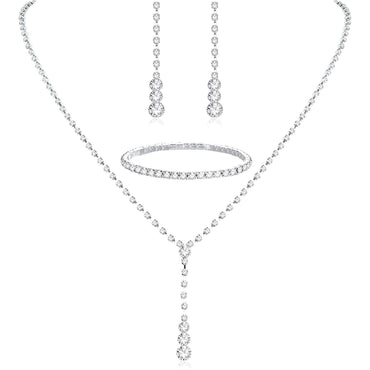 Roycebridal Simple Tassel Rhinestone Necklace Bridal Rhinestone Necklace Earrings Set Three-piece Wedding Jewelry