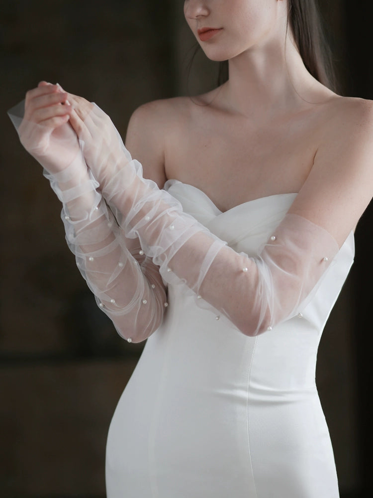 Roycebridal Long Fingerless Wedding Gloves Pearl Mesh