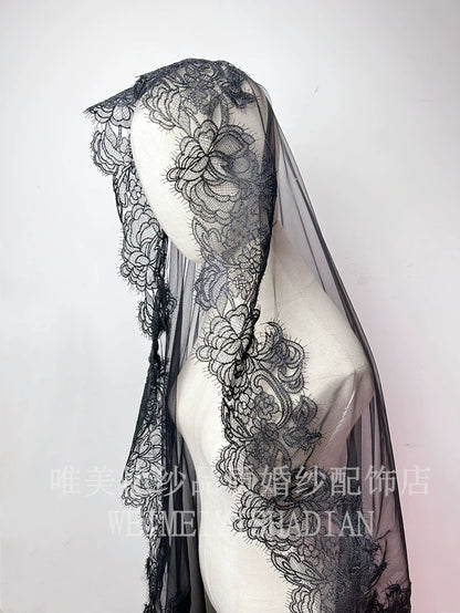 Roycebridal Gothic Wedding Accessories Black Lace Vintage Veil Single Layer