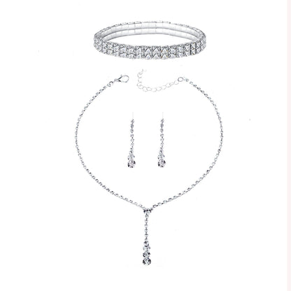 Roycebridal Simple Tassel Rhinestone Necklace Bridal Rhinestone Necklace Earrings Set Three-piece Wedding Jewelry