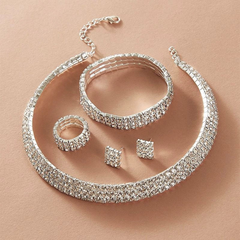 Roycebridal Fashion Necklace Earrings Ring Bracelet Four-piece Set Full Diamond Three-row Necklace Bridal Set