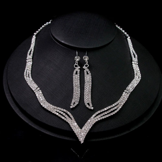 Roycebridal Bridal Wedding Necklace 2-Piece Set Rhinestone Claw Chain Necklace Earrings Jewelry Set Ornaments