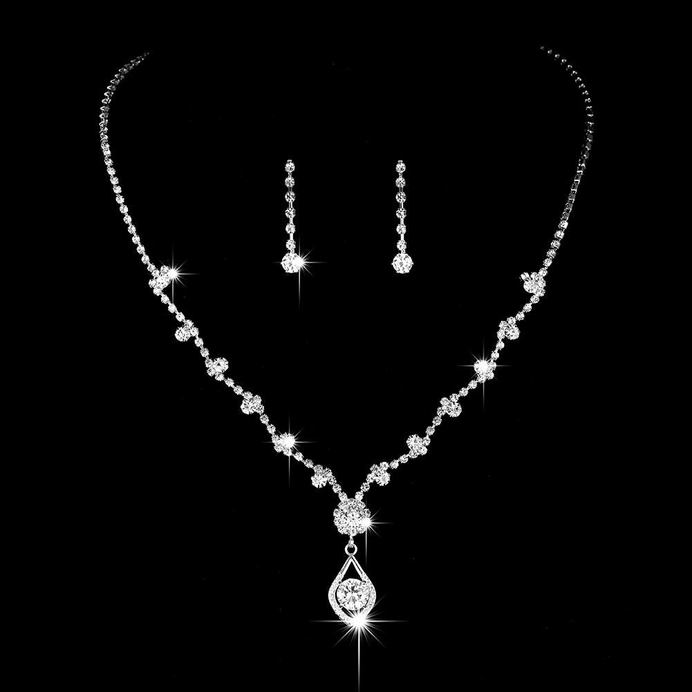 Roycebridal New Zircon Rhinestone Necklace Earrings Bridal Wedding Jewelry Set