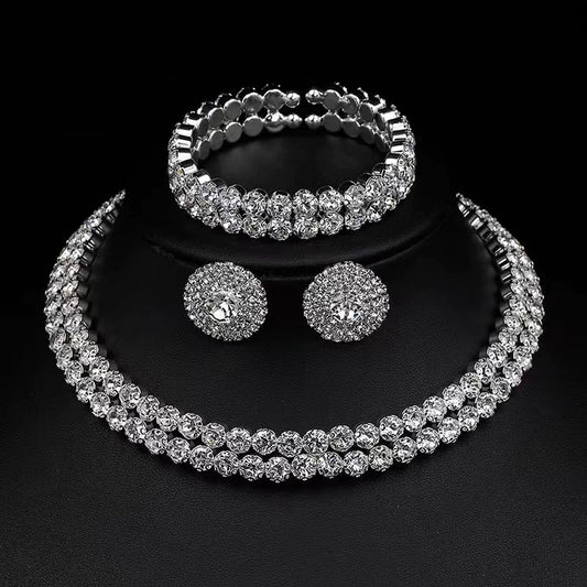 Roycebridal Wedding Jewelry Set Three-piece Bride Rhinestone Double Row Earrings Necklace Bracelet Set Necklace Female Necklace Accessories