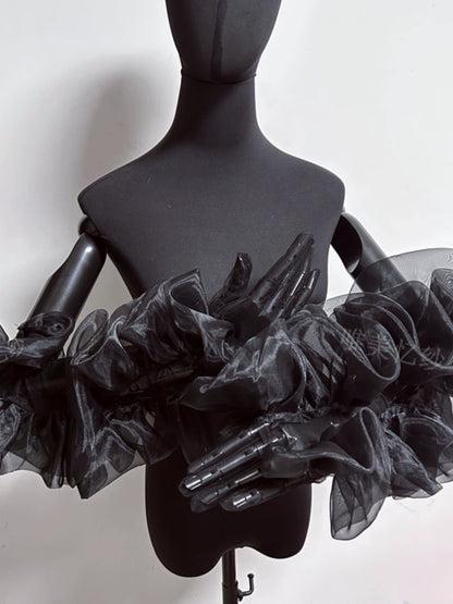 Roycebridal Gothic Wedding Accessories Gloves Organza Flowers Black Bridal Puff Sleeves