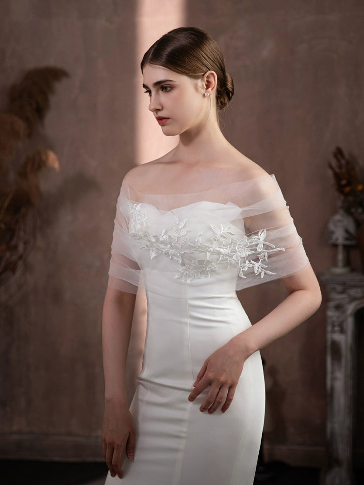 Roycebridal Jackets&Wraps New White Elegant Fairy Lace Flower Bridal Wedding Dress Covering Arms Tulle One Word Shawl