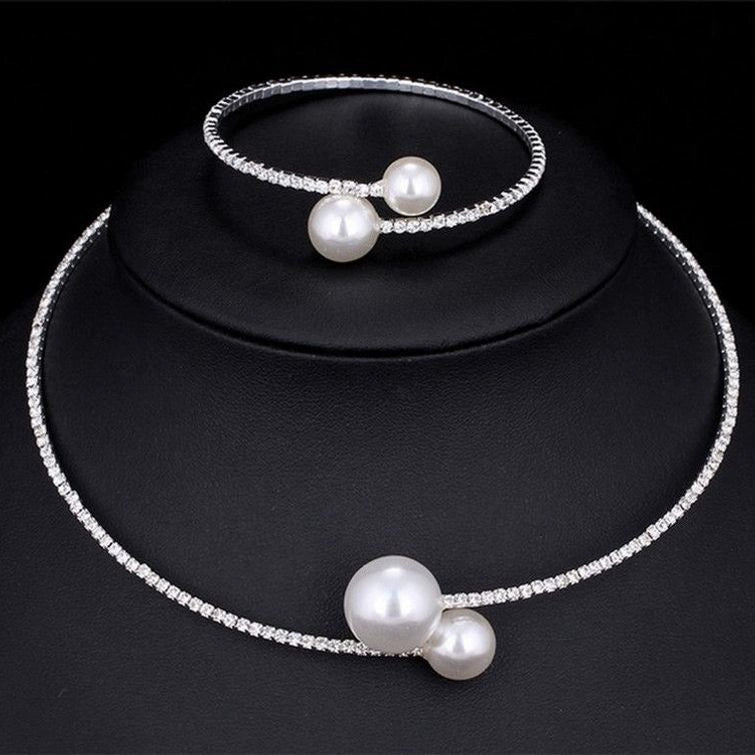 Roycebridal Shiny Rhinestone Pearl Choker Necklace Open Adjustable Bracelet Bridal Set Accessories