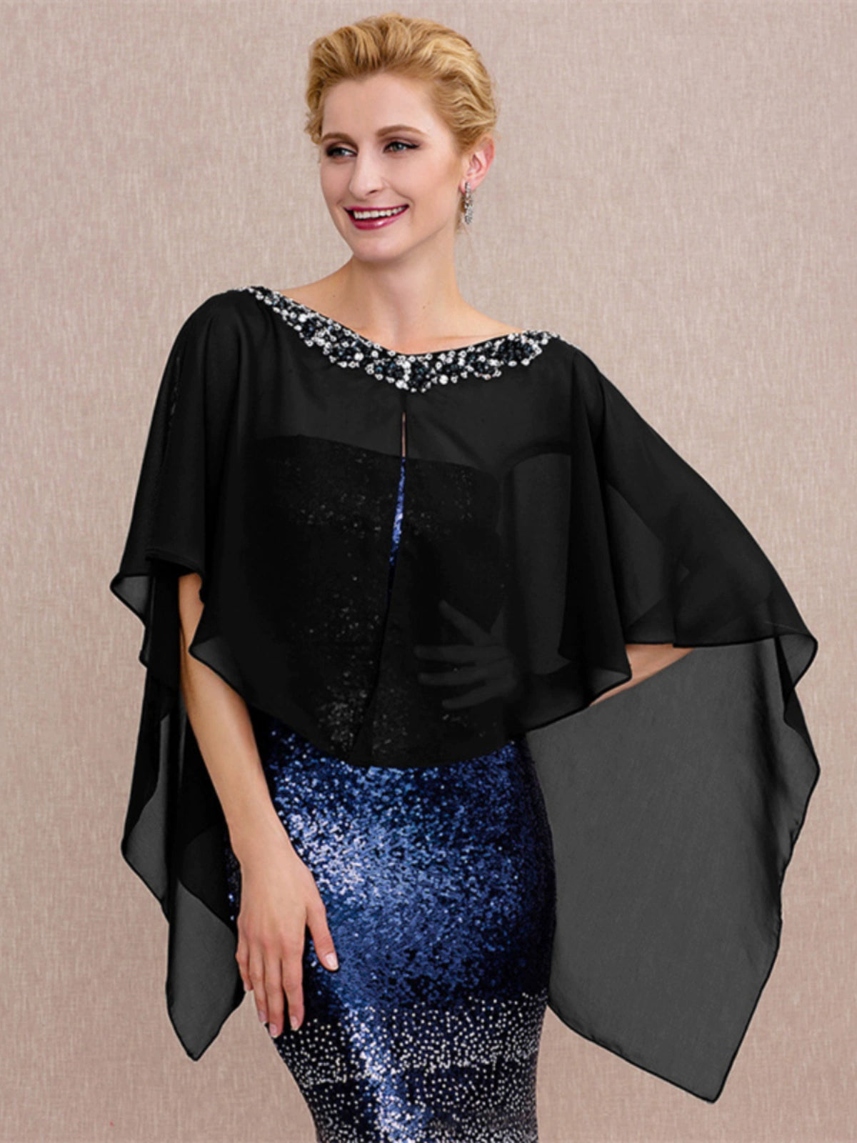 Roycebridal Jackets&Wraps Crystal Diamond Round Neck Cardigan Women's Chiffon Shawl Ruffled Sleeveless Cape Summer Thin Sun Protection Top with Skirt