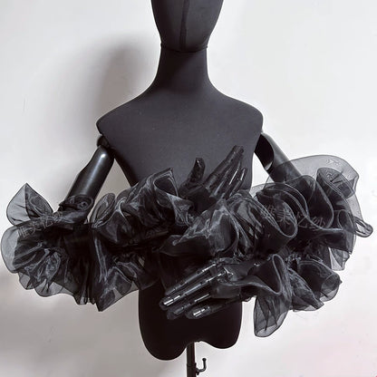 Roycebridal Gothic Wedding Accessories Gloves Organza Flowers Black Bridal Puff Sleeves