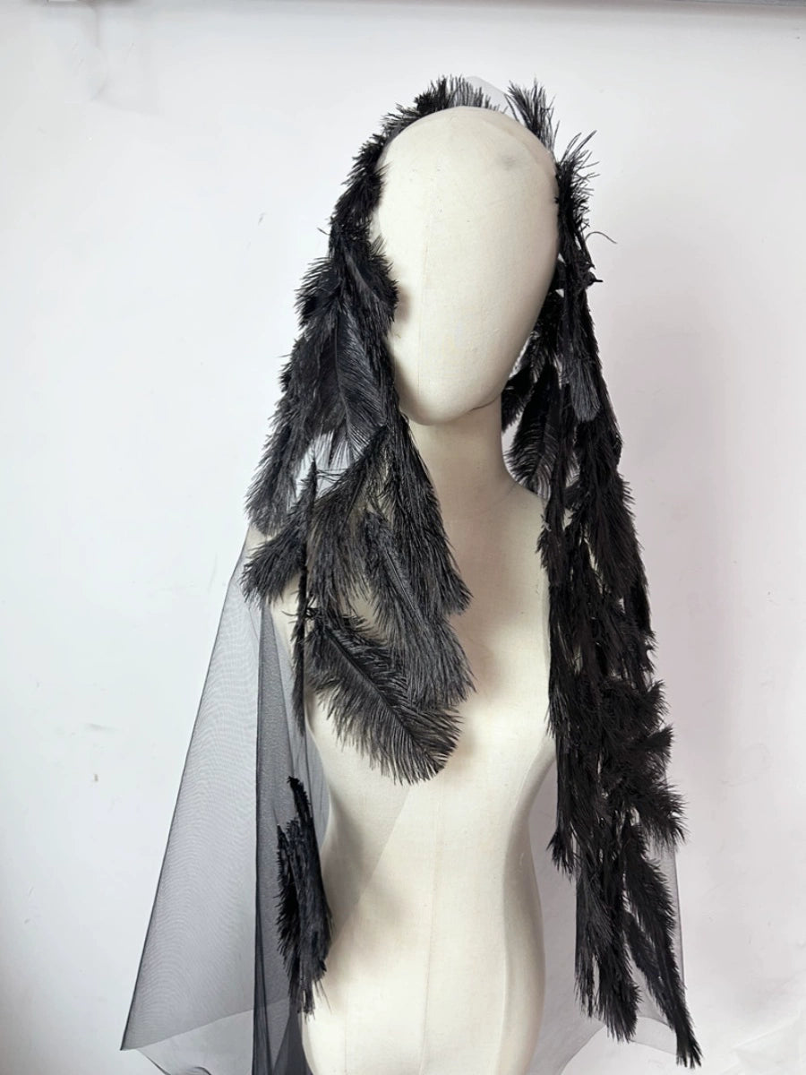 Roycebridal Gothic Wedding Accessories Black Veil Black Feathers Handmade