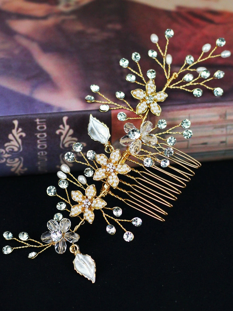 Roycebridal Diamond And Pearl Bridal Hair Accessories Golden Flower Combs Wedding Dress Styling And Makeup Headdress