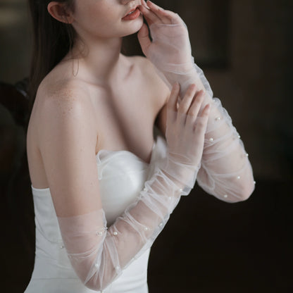 Roycebridal Long Fingerless Wedding Gloves Pearl Mesh