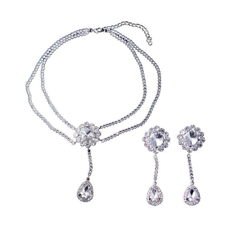 Roycebridal Diamond Set Necklace Earrings Flower Simple Earrings Sparkling Diamond Water Drop